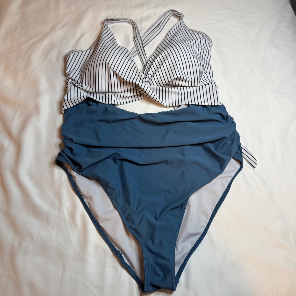Womens Plus Size 20W One Piece Swimsuit Striped Ruched Tummy Control Blue